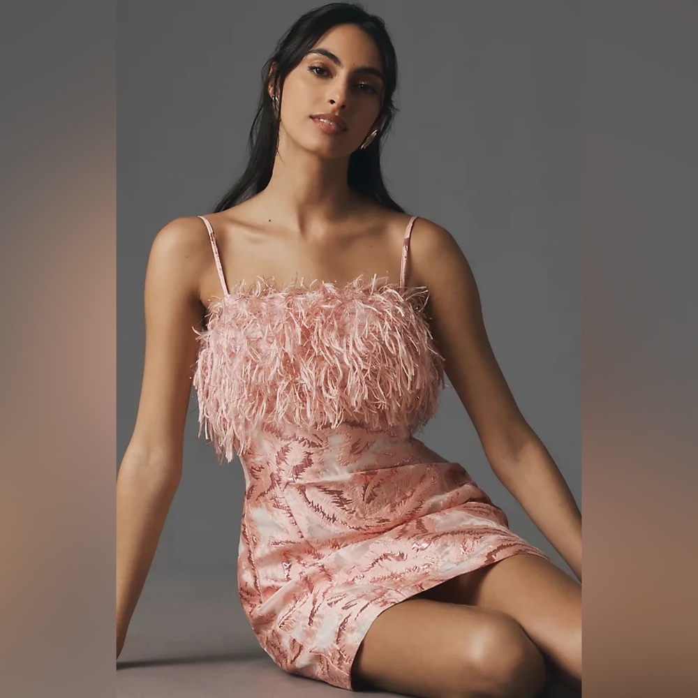 By Anthropologie Pink Feathered Metallic Mini Dress Women's Size Large (Altered)